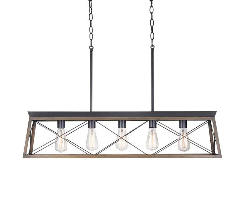 Progress Lighting Briarwood 5-Light Black Farmhouse Linear Chandelier with Faux-Painted Rich Oak Accents