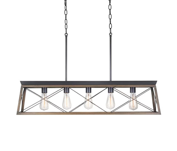 Progress Lighting Briarwood 5-Light Black Farmhouse Linear Chandelier with Faux-Painted Rich Oak Accents