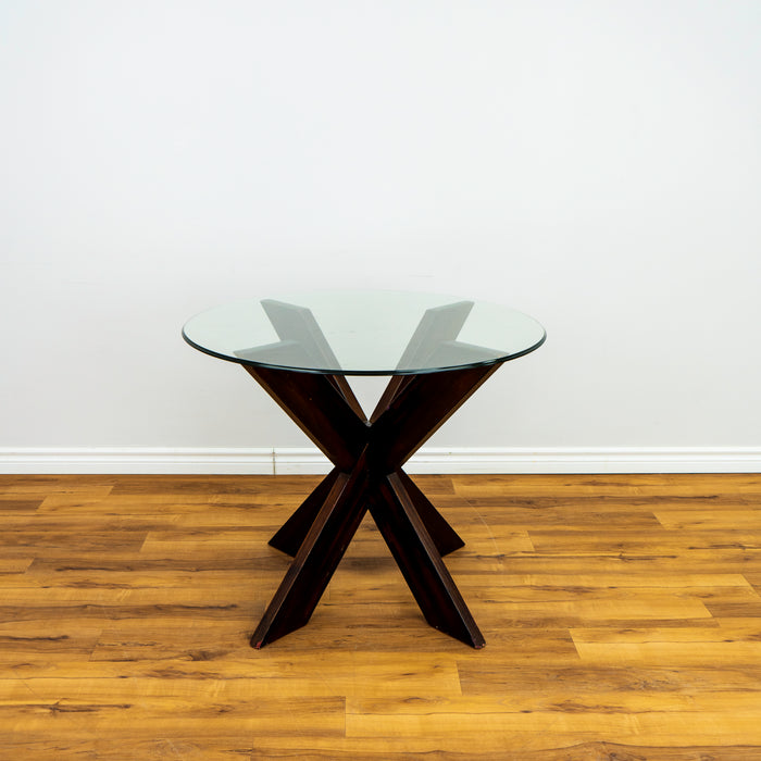 Parnell Brown X Base Wood Dining Table With Glass Top