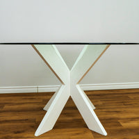 Parnell White X Base Wood Dining Table With Glass Top