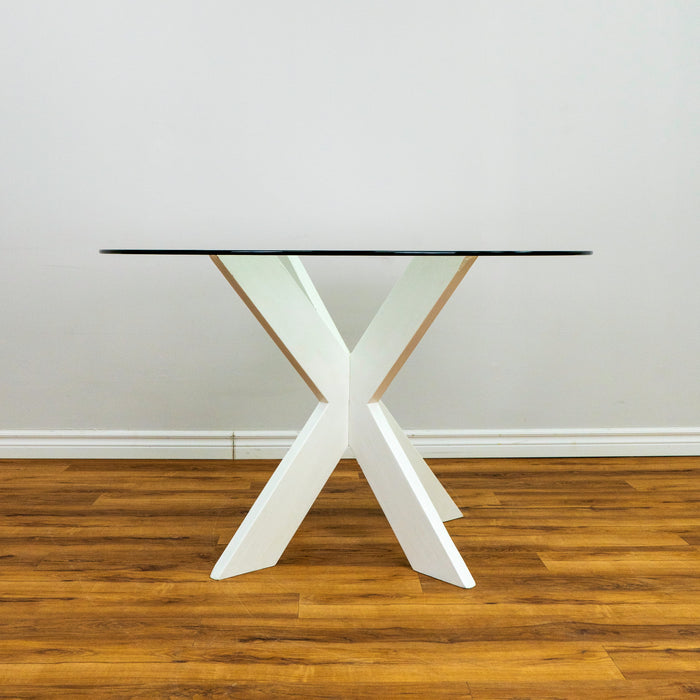 Parnell White X Base Wood Dining Table With Glass Top