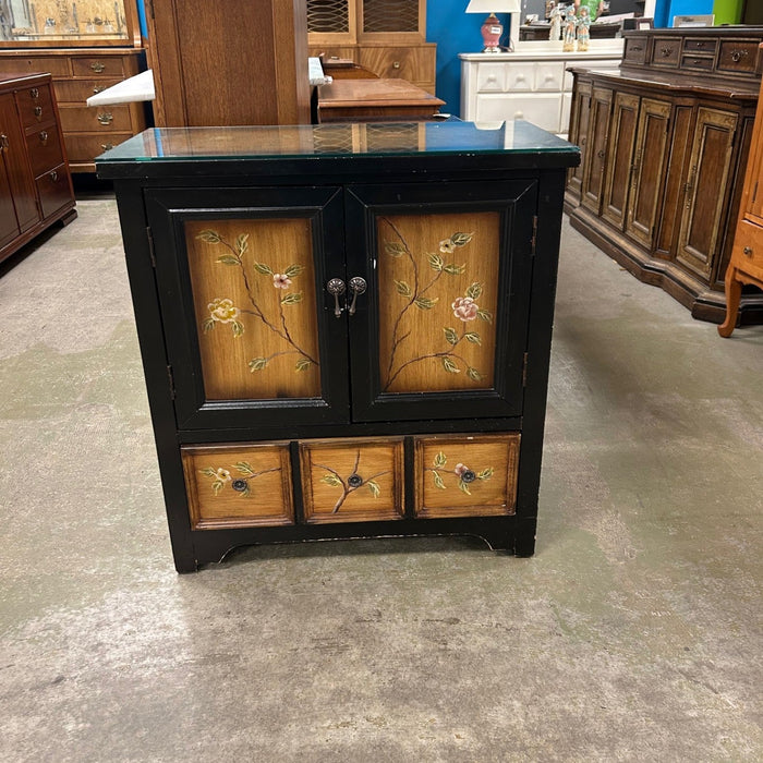 Chinese Distressed Black Yellow Scenery Graphic End Table Nightstand