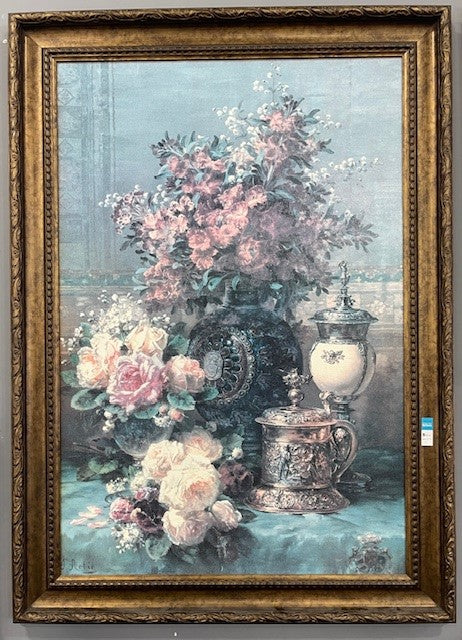 J Robie Large Pink and White Flower Print Painting in Gold Frame