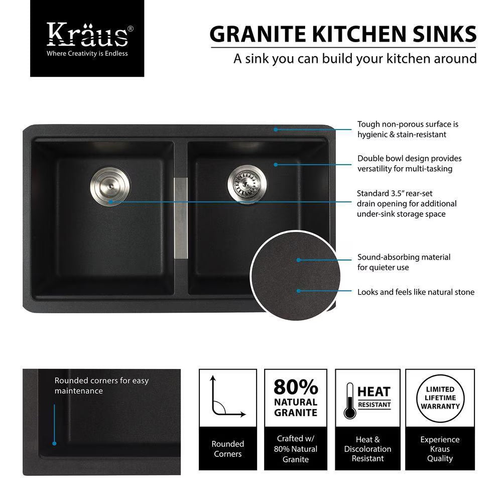 33 Inch Undermount 50/50 Double Bowl Black Onyx Granite Kitchen Sink