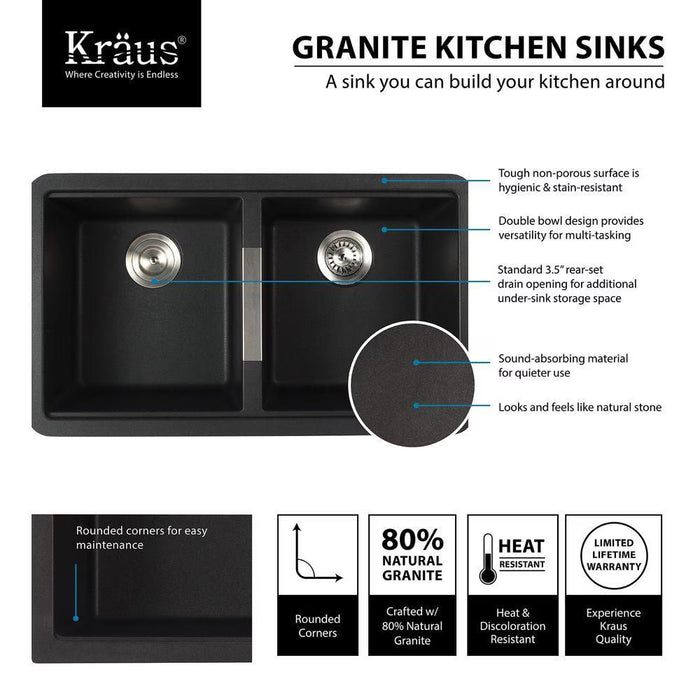 33 Inch Undermount 50/50 Double Bowl Black Onyx Granite Kitchen Sink