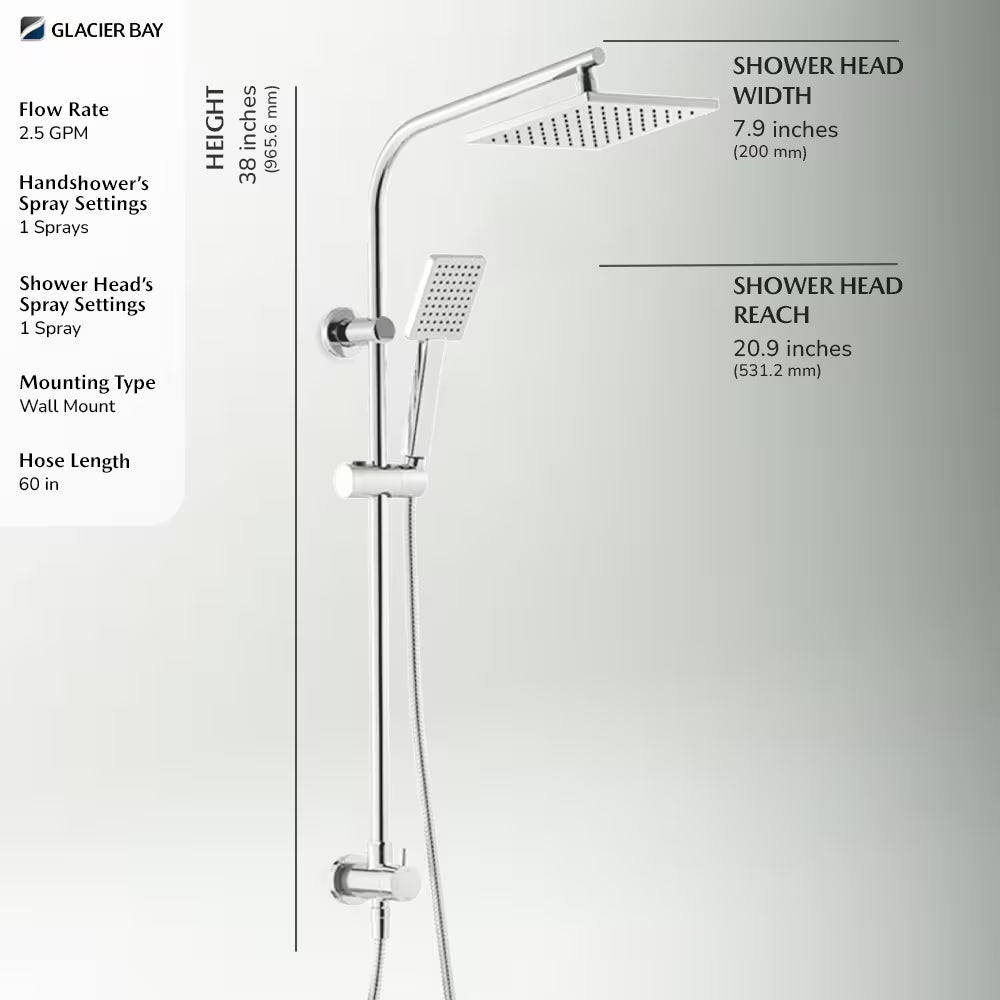 Glacier Bay Modern 8-inch 1-Function Wall Mount Rectangle Handshower & Showerhead Kit in Chrome