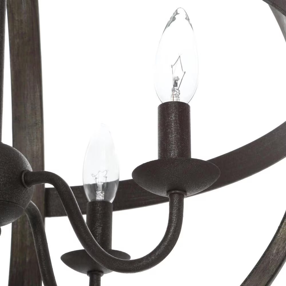 4-Light Artisan Iron Farmhouse Globe Candle-Style Chandelier with Elm Wood Accents