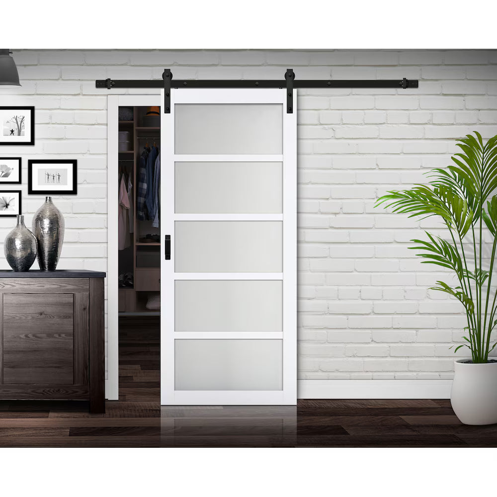 TRUporte 36-inch x 84-inch White 5 Lite Frosted Glass Rustic Barn Door with Hardware Kit