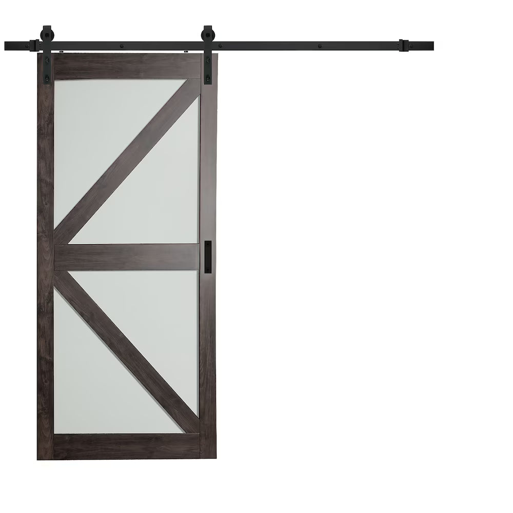 TRUporte 36-inch x 84-inch Iron Age K Lite Frosted Glass Rustic Barn Door with Hardware Kit