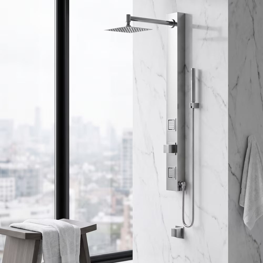 VIGO Orchid 39-Inch 2-Jet Shower Wall Panel System with Square Rainhead Handheld Wand in Stainless Steel