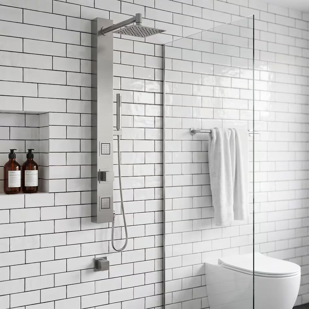 VIGO Orchid 39-Inch 2-Jet Shower Wall Panel System with Square Rainhead Handheld Wand in Stainless Steel