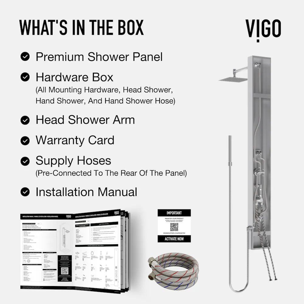 VIGO Rector 55-Inch 2-Jet Shower Wall Panel System with Square Rainhead Handheld Wand in Stainless Steel