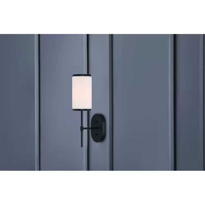 Ashbury 1-Light Wall Sconce With Reeded Milk Glass and Rich Black Finish