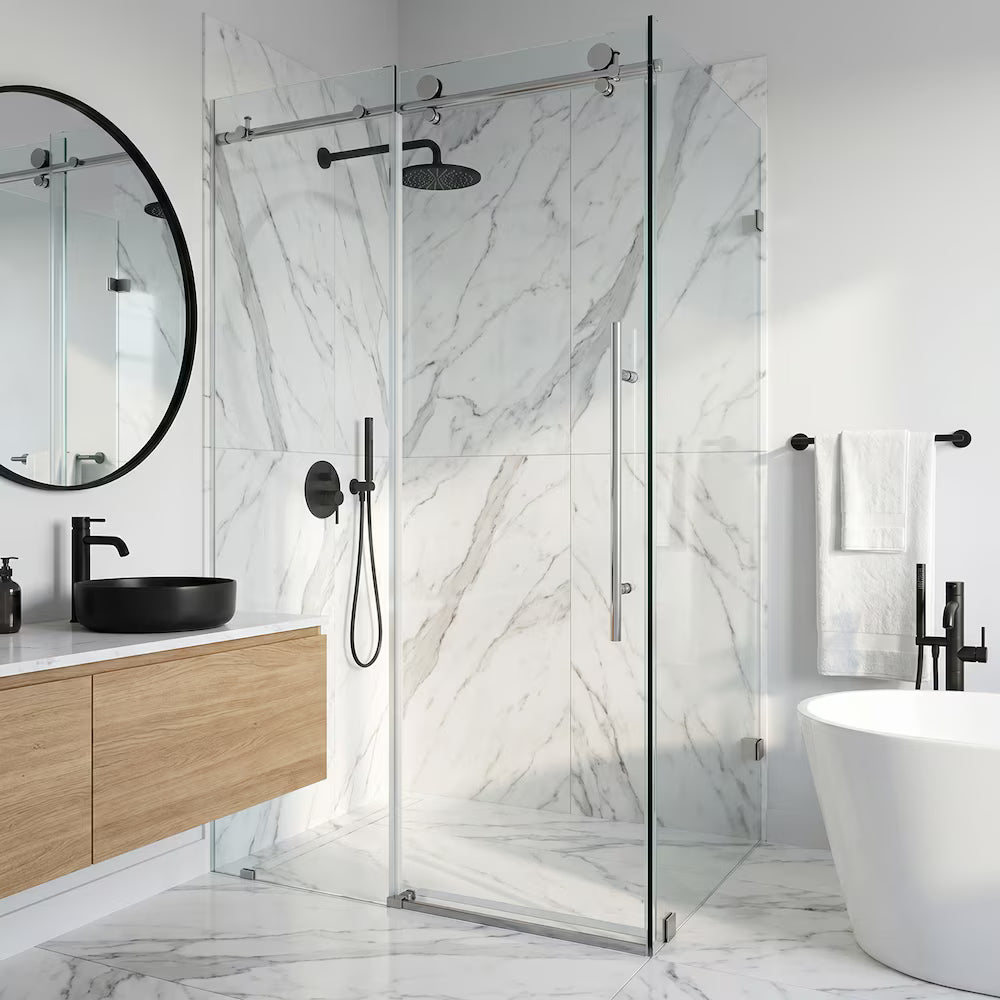 VIGO Elan E-Class 35L x 46W x 76H in. Frameless Sliding Corner Shower Kit in Chrome with Clear Glass