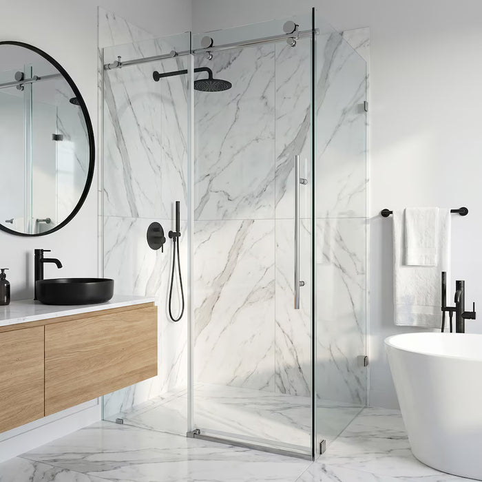 VIGO Elan E-Class 35L x 46W x 76H in. Frameless Sliding Corner Shower Kit in Chrome with Clear Glass