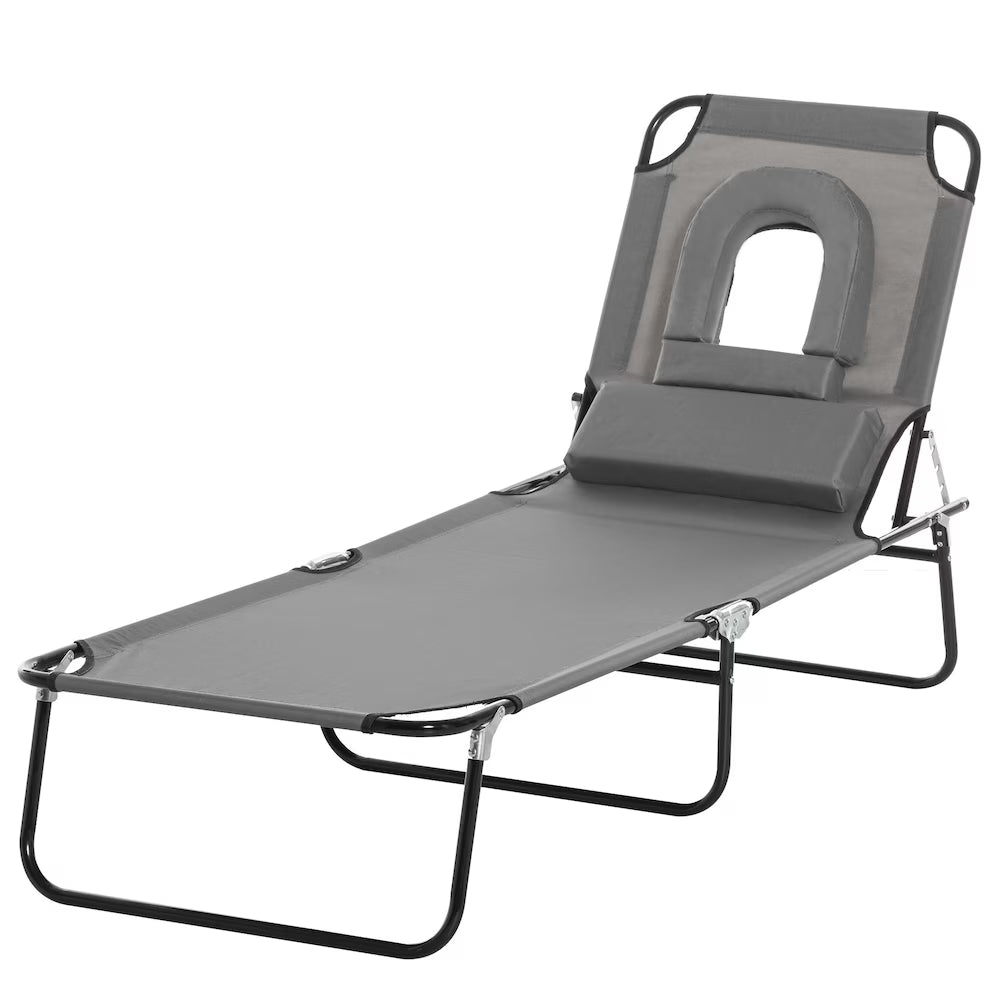 Adjustable Garden Chaise Lounger Beach Recliner Bed Foldable Reading Hole Grey