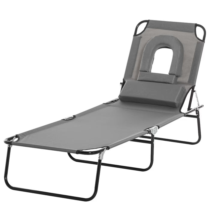 Adjustable Garden Chaise Lounger Beach Recliner Bed Foldable Reading Hole Grey