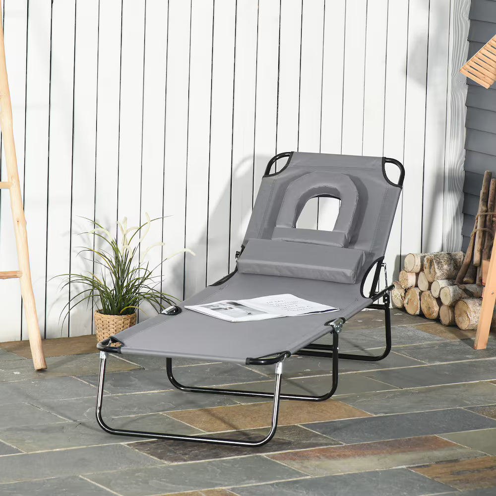 Adjustable Garden Chaise Lounger Beach Recliner Bed Foldable Reading Hole Grey