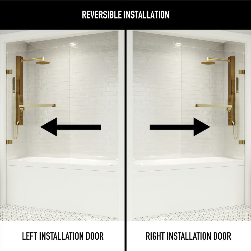 VIGO Rialto 34 in. W x 58 in. H Frameless Hinged Bathtub Door in Matte Brushed Gold