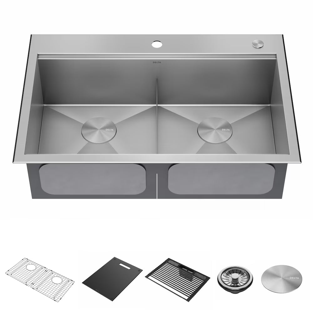 Delta Faucet Delta Rivet 33 inch Workstation Kitchen Sink Drop-In Top Mount Stainless Steel 50/50 Double Bowl
