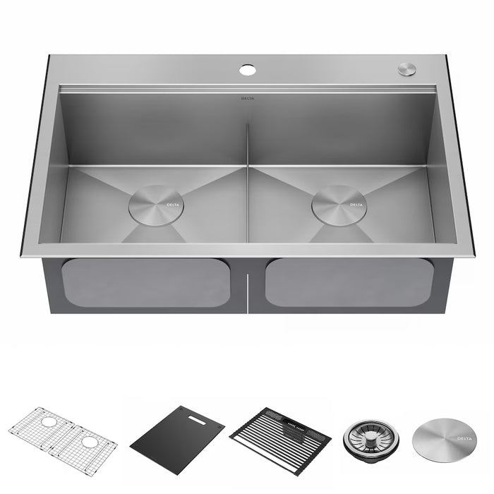 Delta Faucet Delta Rivet 33 inch Workstation Kitchen Sink Drop-In Top Mount Stainless Steel 50/50 Double Bowl