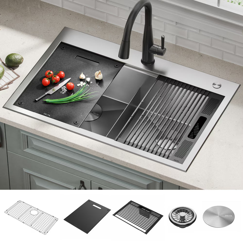 Delta Faucet Delta Rivet 33 inch Workstation Kitchen Sink Drop-In Top Mount Stainless Steel 50/50 Double Bowl