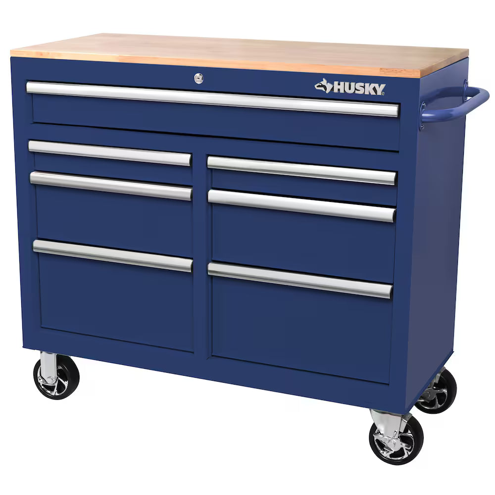 Husky Standard-Duty 41 inch W 7-Drawer Mobile Workbench with Solid Wood Top in Gloss Blue