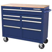 Husky Standard-Duty 41 inch W 7-Drawer Mobile Workbench with Solid Wood Top in Gloss Blue