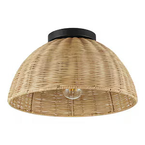 Matte Black Flush Mount with Natural Rattan Shade