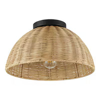 Matte Black Flush Mount with Natural Rattan Shade