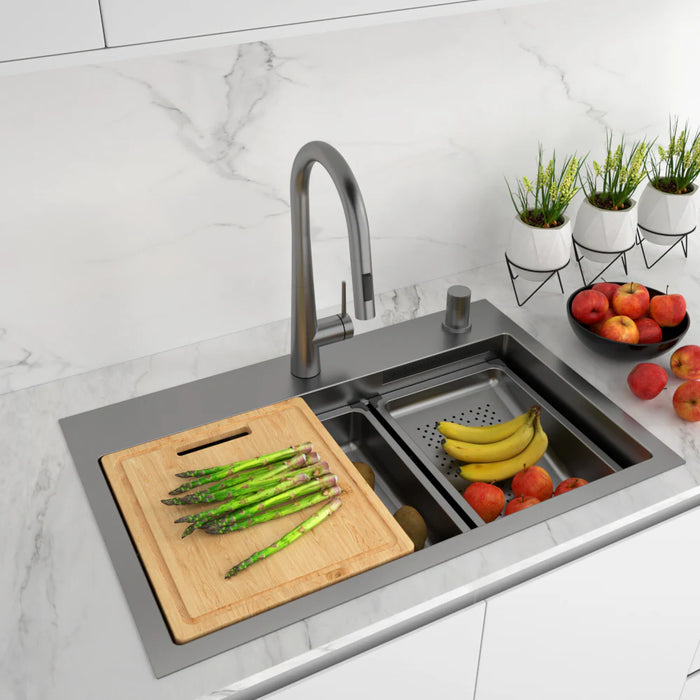 Glacier Bay 31.5 in. W All-in-One Single-Bowl Gunmetal Black Stainless Steel Dual-Mount Kitchen Sink with Waterfall Faucet, Cutting Board, Colander, Grid & Strainer