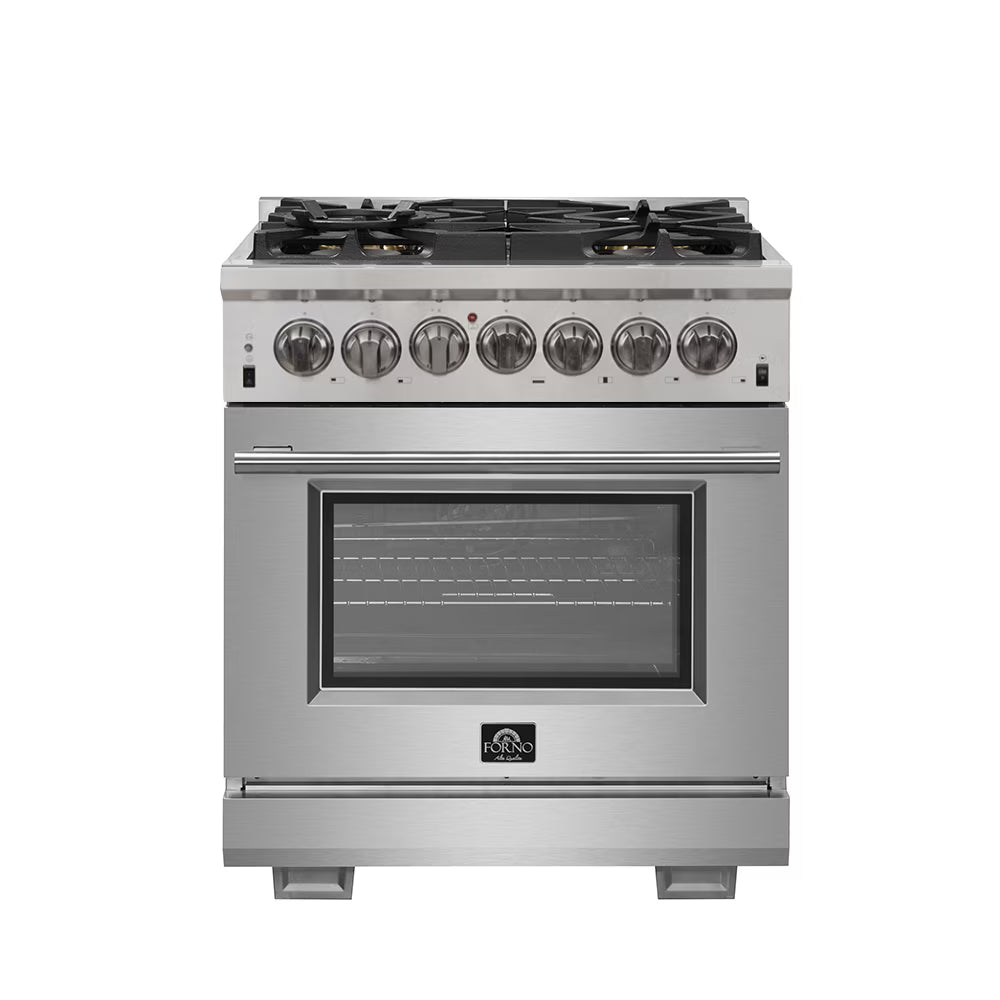 Forno Capriasca 30-inch Freestanding Dual Fuel Range All Stainless Steel, 5 Brass Burners, 4.32 cu.ft.