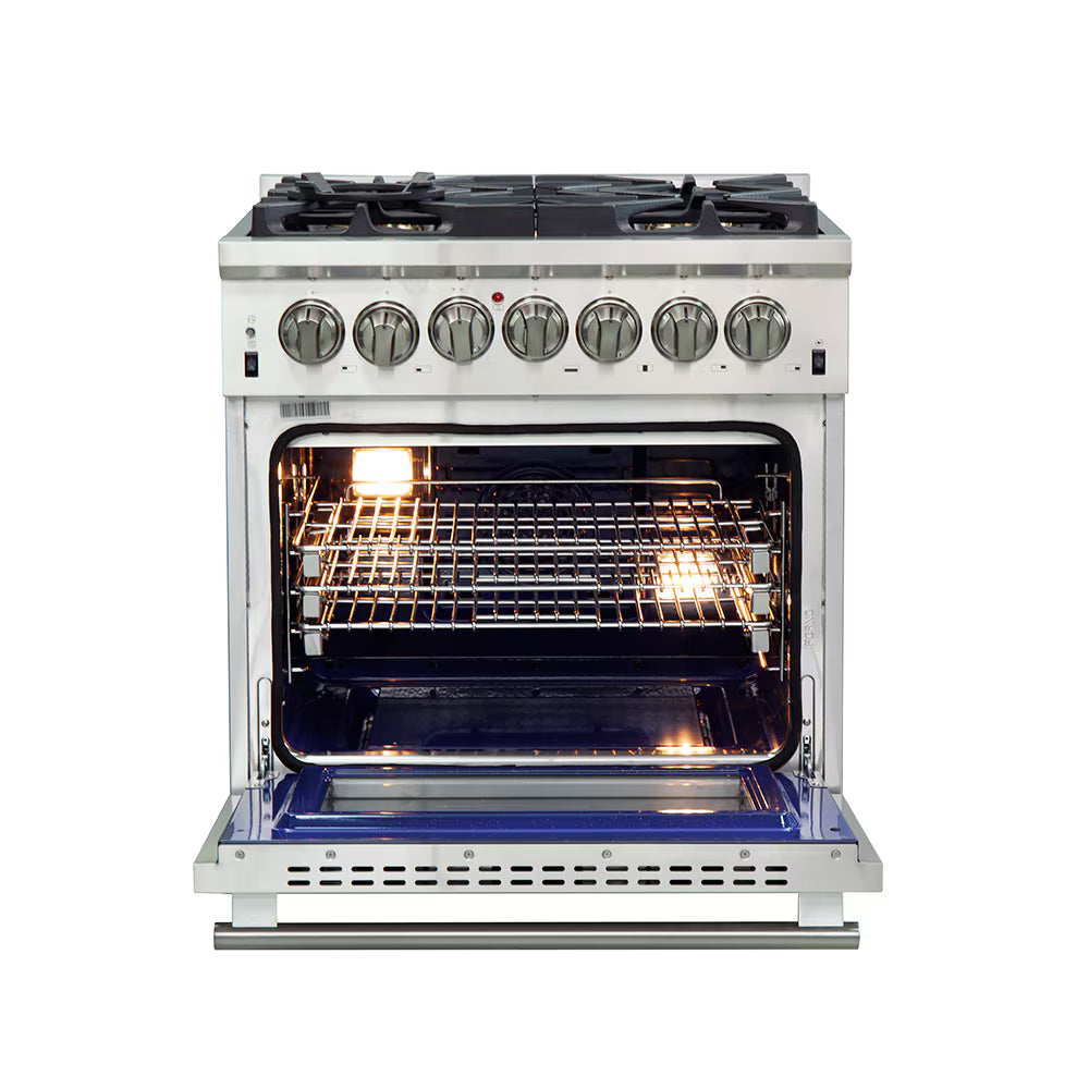 Forno Capriasca 30-inch Freestanding Dual Fuel Range All Stainless Steel, 5 Brass Burners, 4.32 cu.ft.