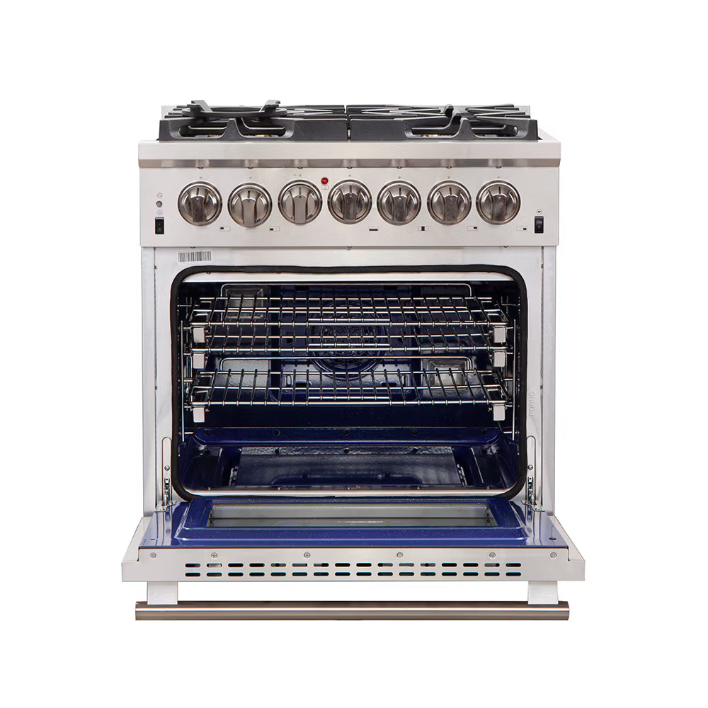 Forno Capriasca 30-inch Freestanding Dual Fuel Range All Stainless Steel, 5 Brass Burners, 4.32 cu.ft.