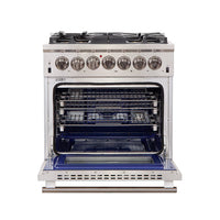 Forno Capriasca 30-inch Freestanding Dual Fuel Range All Stainless Steel, 5 Brass Burners, 4.32 cu.ft.