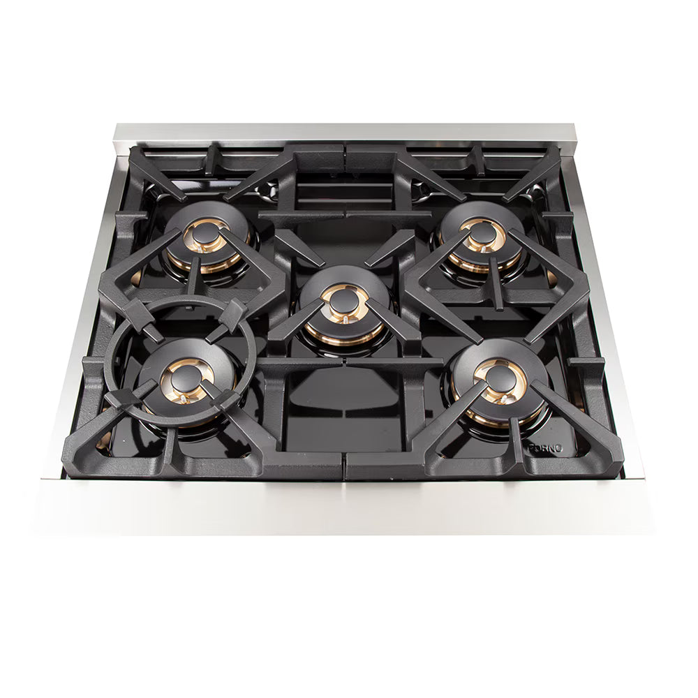 Forno Capriasca 30-inch Freestanding Dual Fuel Range All Stainless Steel, 5 Brass Burners, 4.32 cu.ft.