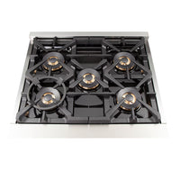 Forno Capriasca 30-inch Freestanding Dual Fuel Range All Stainless Steel, 5 Brass Burners, 4.32 cu.ft.