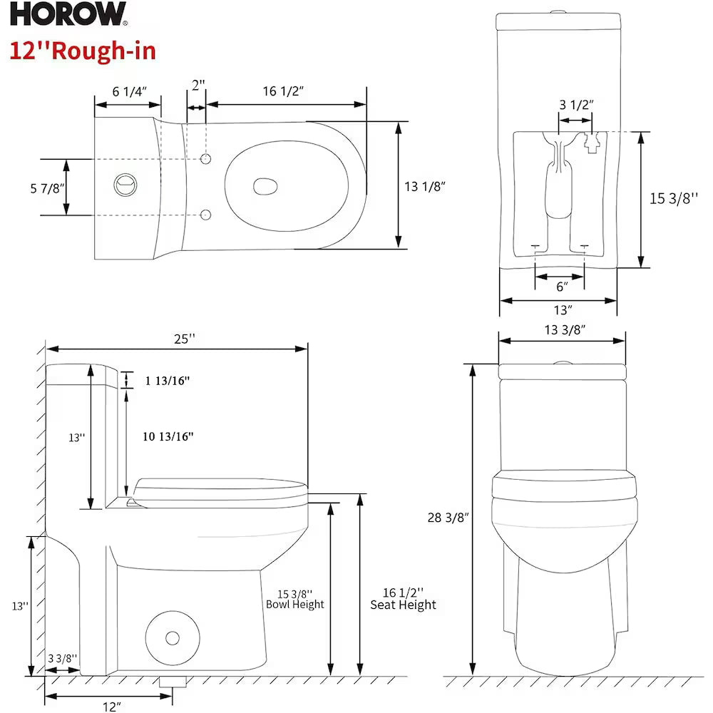 HOROW 1-Piece 4.0/6.0 LPF Dual Flush Round Compact Toilet in White with UF Soft Close Seat Included