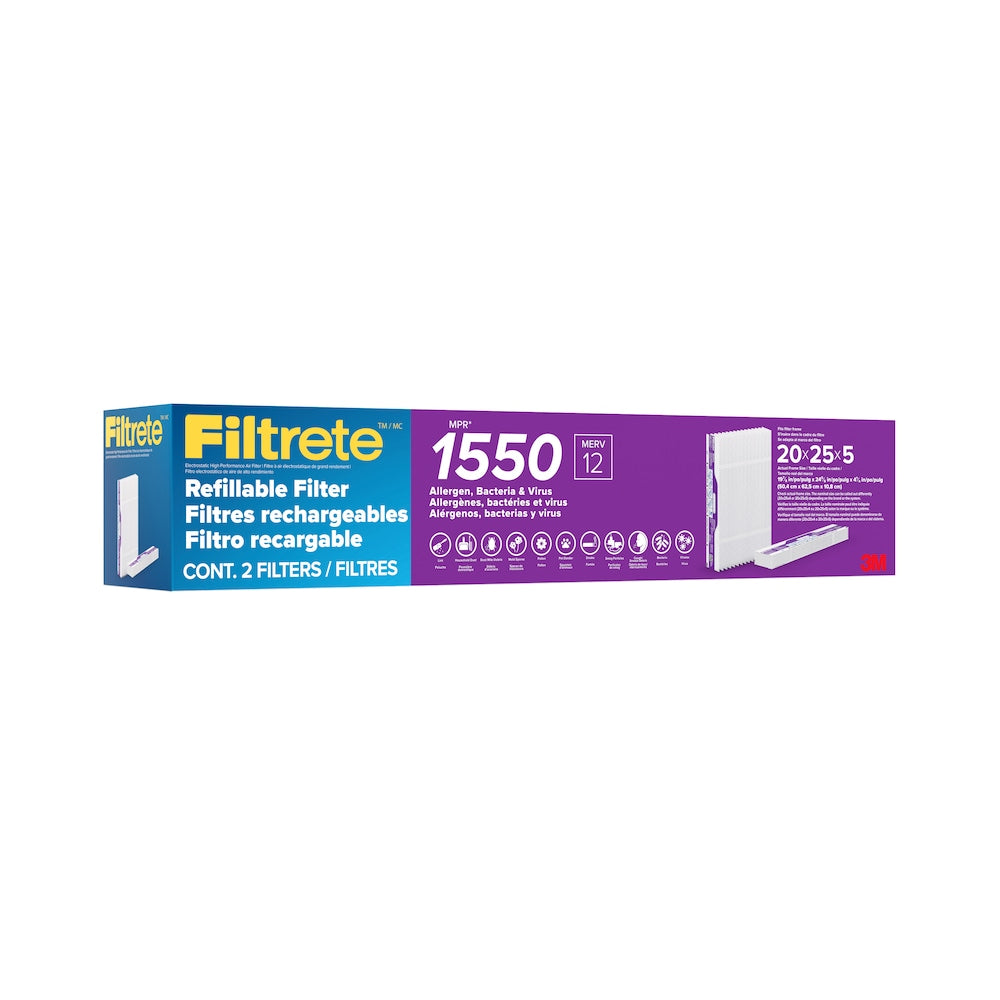 3M Filtrete 20 x 25 x 5 Air Filter, Refillable Air Filter Replacement, MERV 12, MPR 1550, (2-Pack)