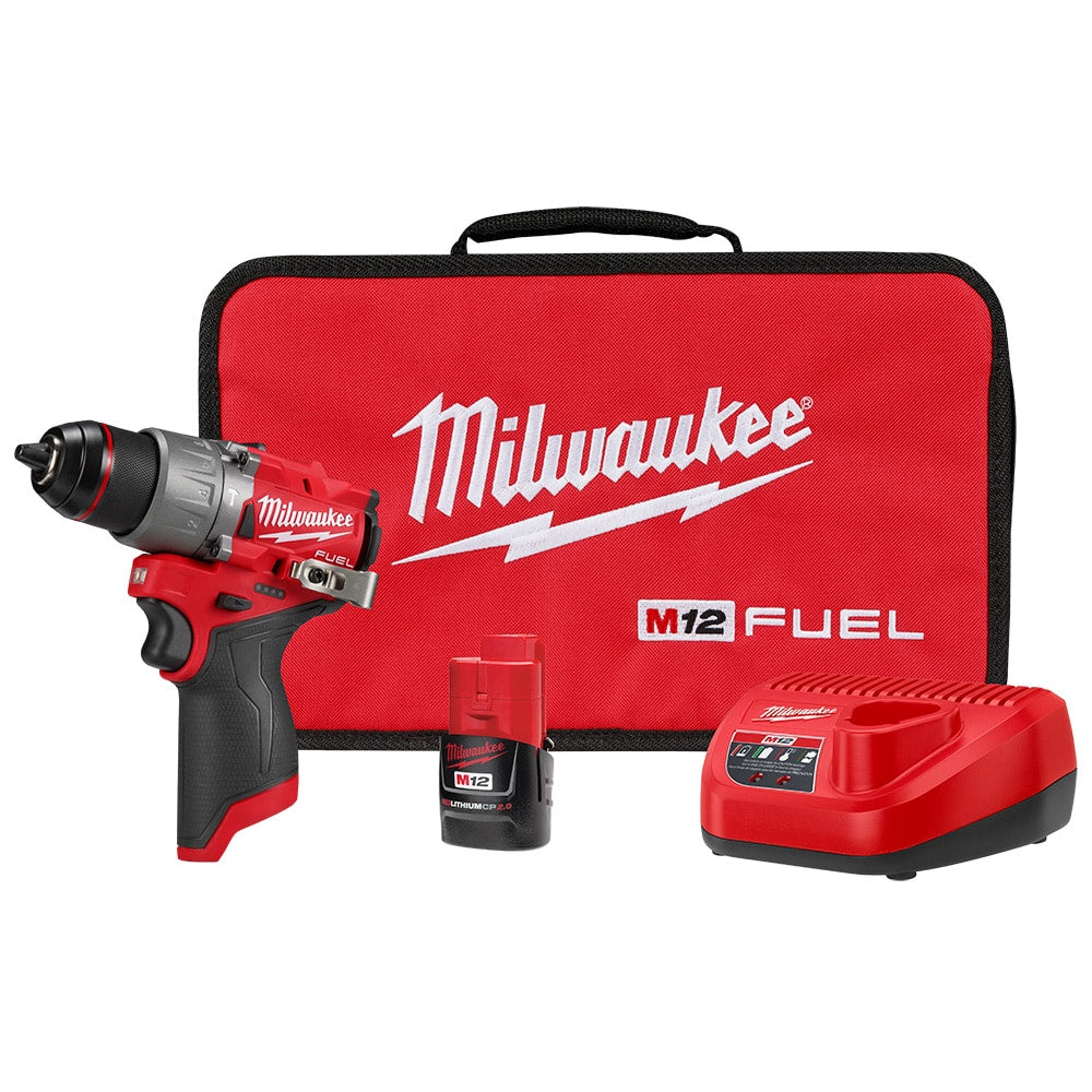 Milwaukee Tool M12 FUEL 12V Li-Ion Brushless Cordless 1/2 in. Hammer Drill Kit w/ (1) 2.0Ah Battery and Charger (MISSING BATTERY)