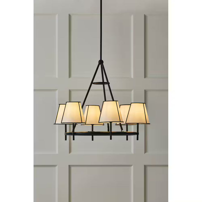 6-Light Farmhouse Wagon Wheel Chandelier Tapered White Linen Shade
