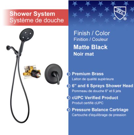 RAINLEX 6: Matte Black Single-Handle 6-Spray Shower Faucet with Handheld