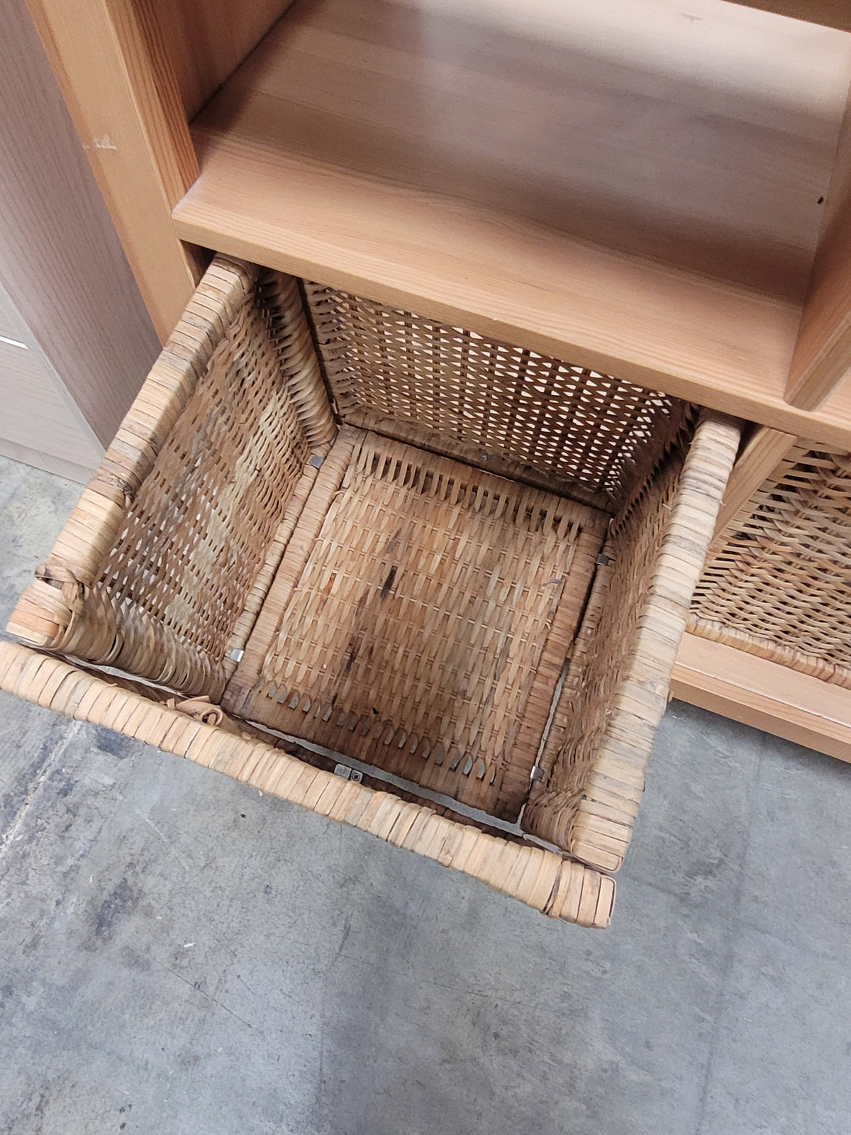 Solid Ikea-Style Tv Stand W/ Wicker Baskets
