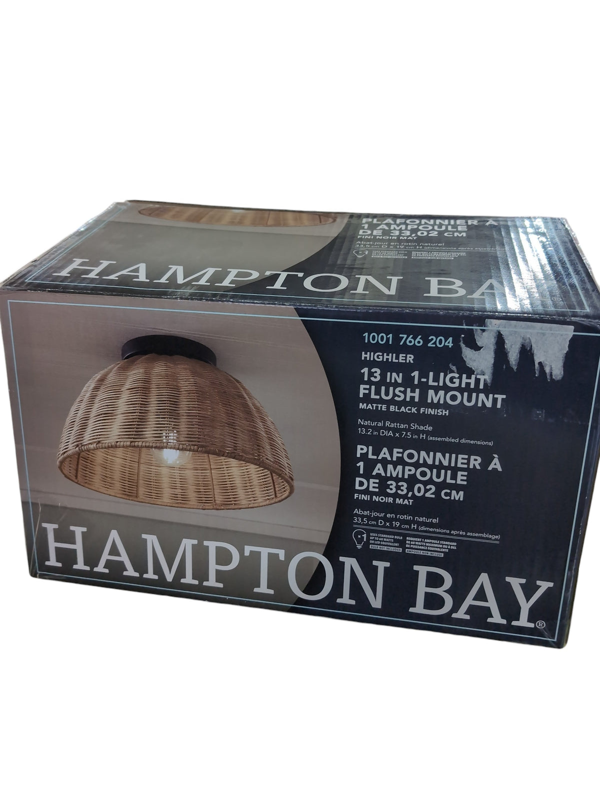 Matte Black Flush Mount with Natural Rattan Shade