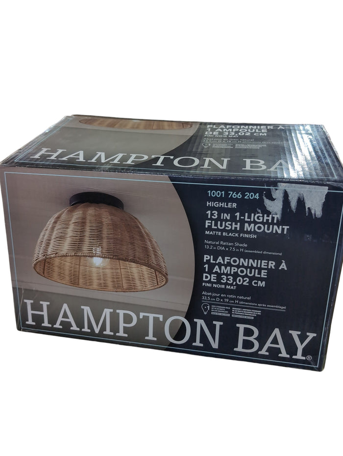 Matte Black Flush Mount with Natural Rattan Shade