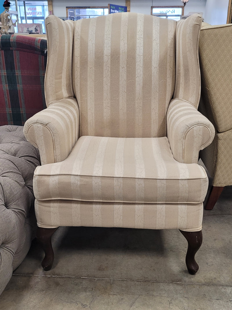Cream And White Striped Wingback Chair