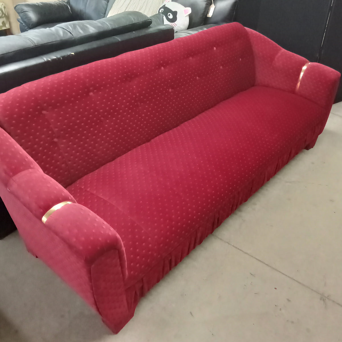 84"W 3-Seat Sofa in Red with Brass Accents