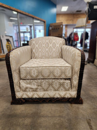 Beige Upholstered Armchair with Wood Carved Accents
