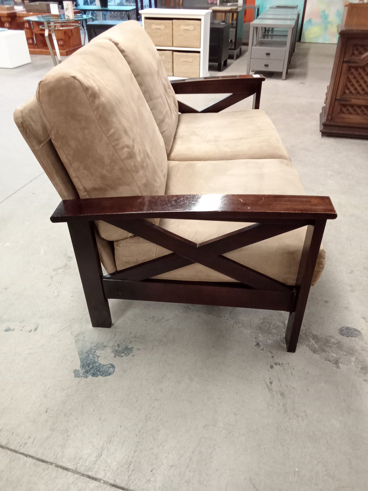 60"W Beige Suede-Style Loveseat Sofa with Wooden Frame