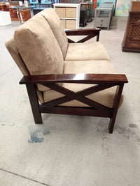 60"W Beige Suede-Style Loveseat Sofa with Wooden Frame